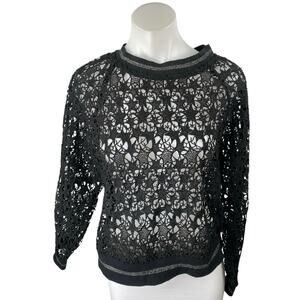 Zara Black Long Sleeve Star Open Knit Crochet Crew Neck Sweater Sweatshirt S